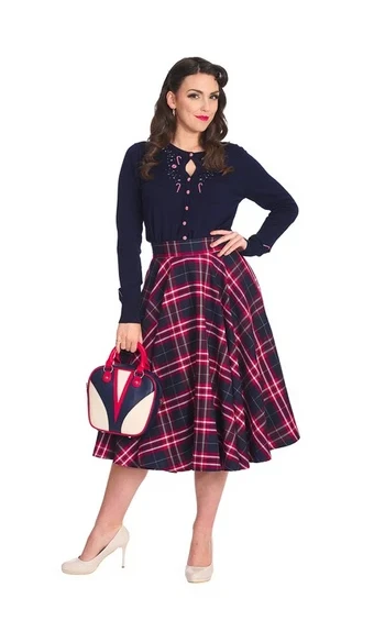 Jupe trapèze chic à carreaux bleu marine