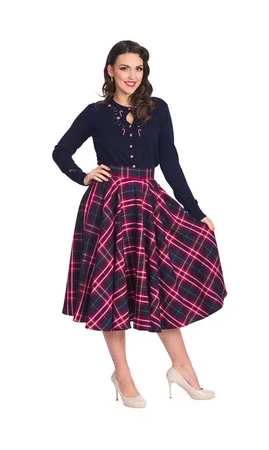 Jupe trapèze chic à carreaux bleu marine