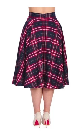 Jupe trapèze chic à carreaux bleu marine