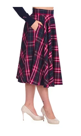 Jupe trapèze chic à carreaux bleu marine