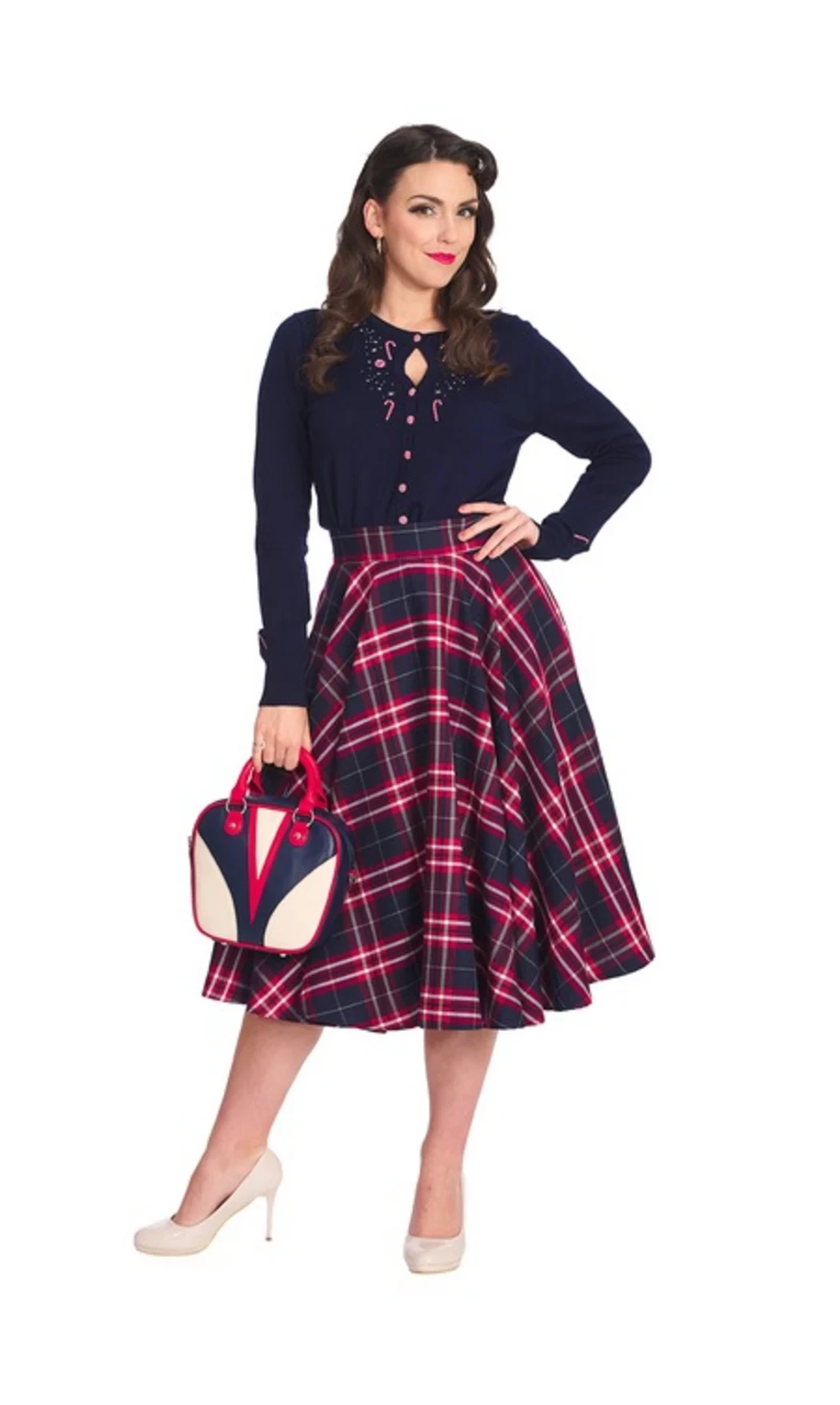 Jupe trapèze chic à carreaux bleu marine