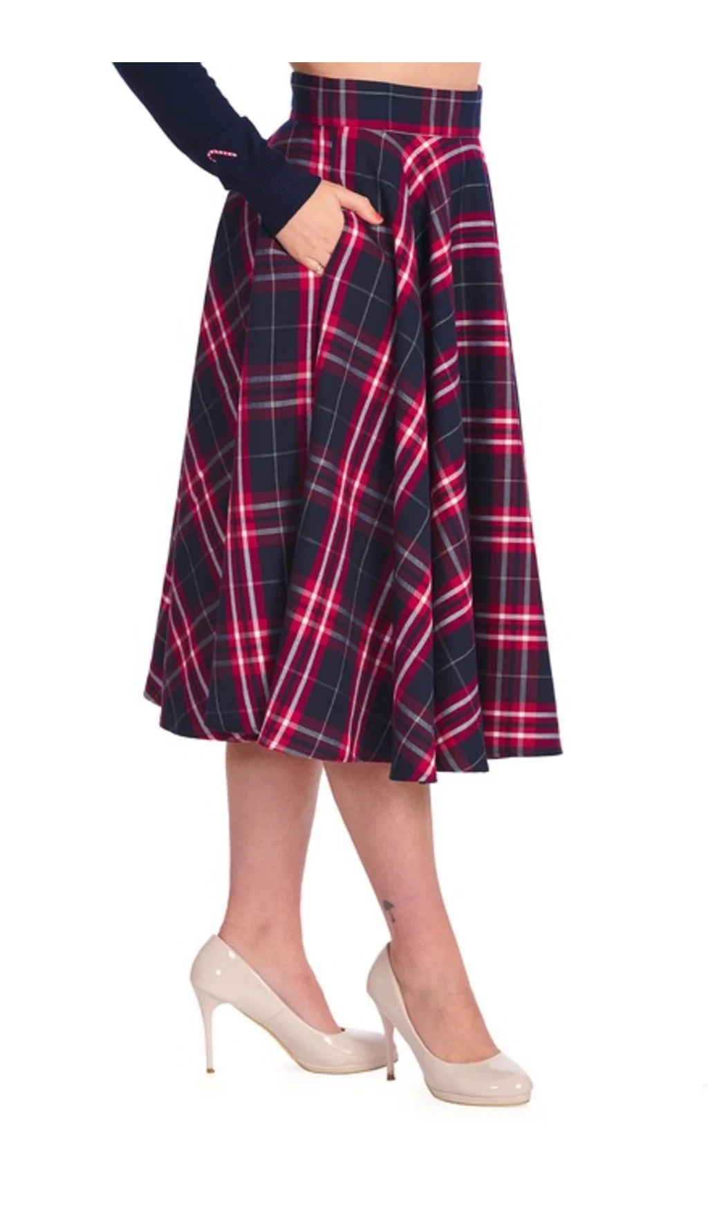 Jupe trapèze chic à carreaux bleu marine