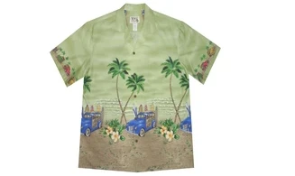 Woody Car Beach Green Cotton Aloha shir